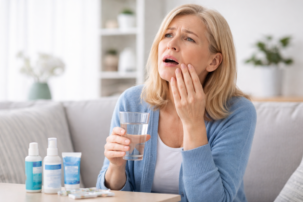Woman holding a glass of water and touching her mouth, showing discomfort from dry mouth symptoms at home