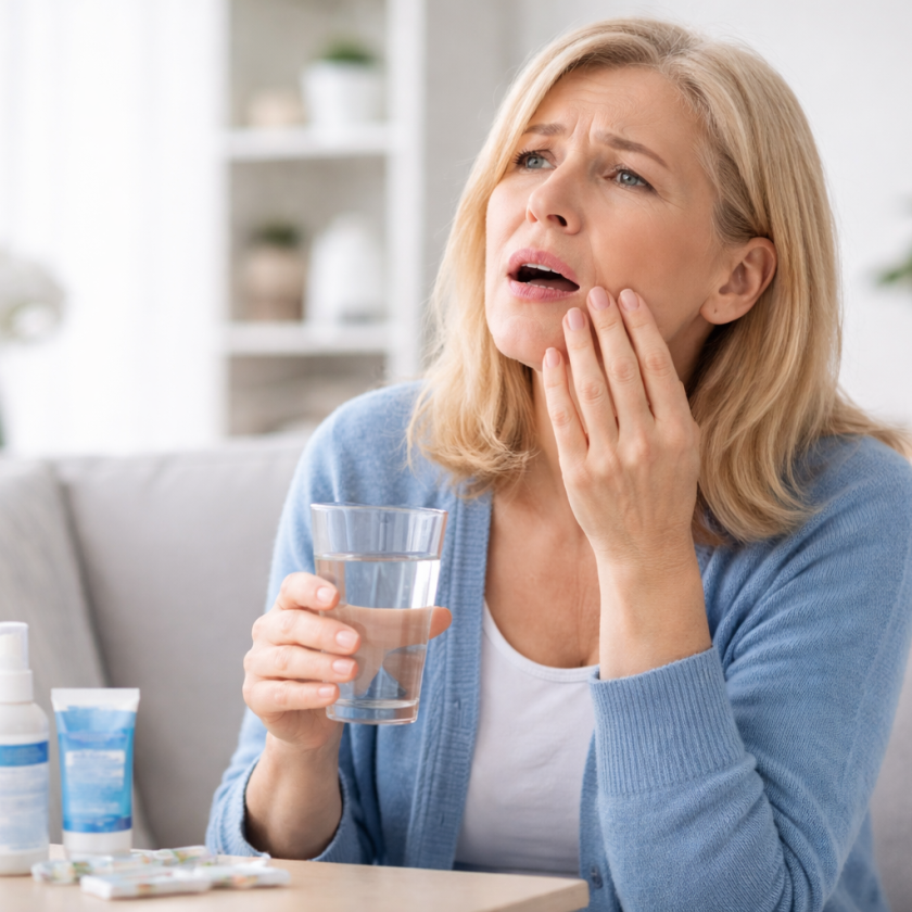 Woman holding a glass of water and touching her mouth, showing discomfort from dry mouth symptoms at home