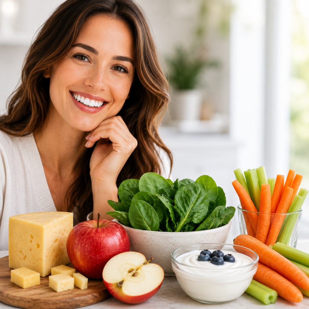 Smiling woman with healthy teeth beside cheese, apples, leafy greens, yogurt, carrots and celery promoting foods that support oral health