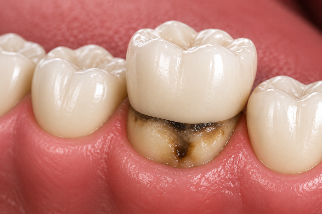 dental crown with decay close up