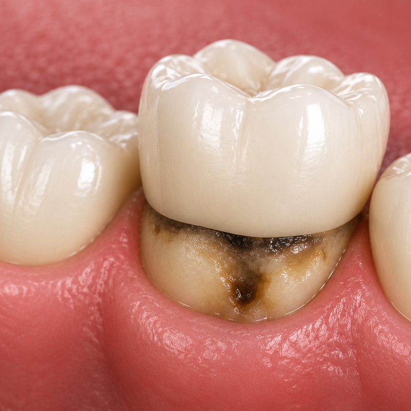 dental crown with decay close up