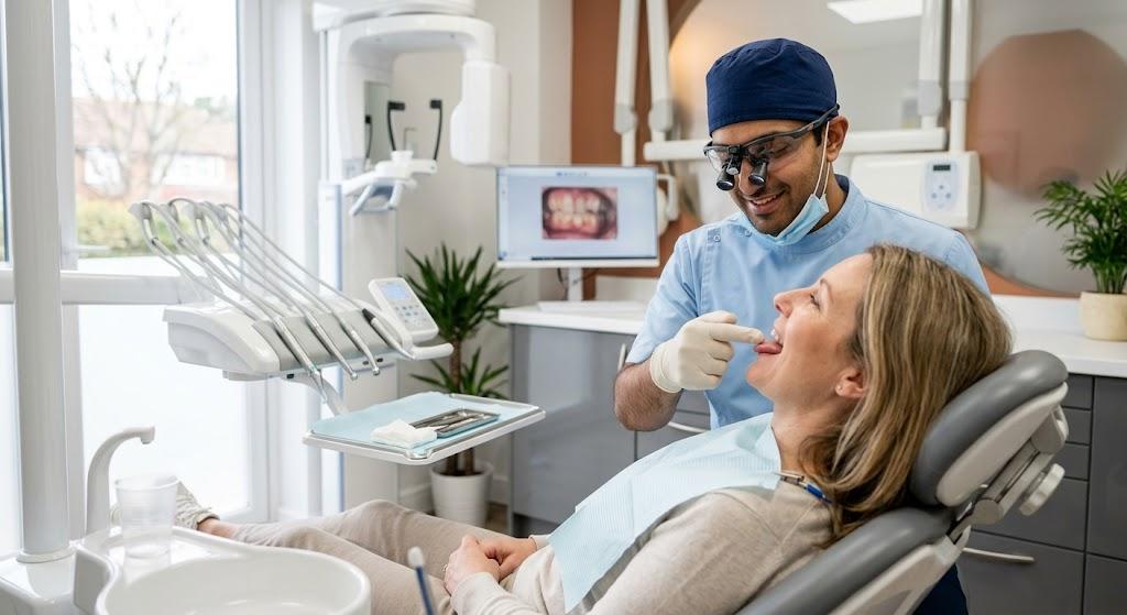 Dentist carrying out a routine mouth cancer screening during a dental check-up harrogate
